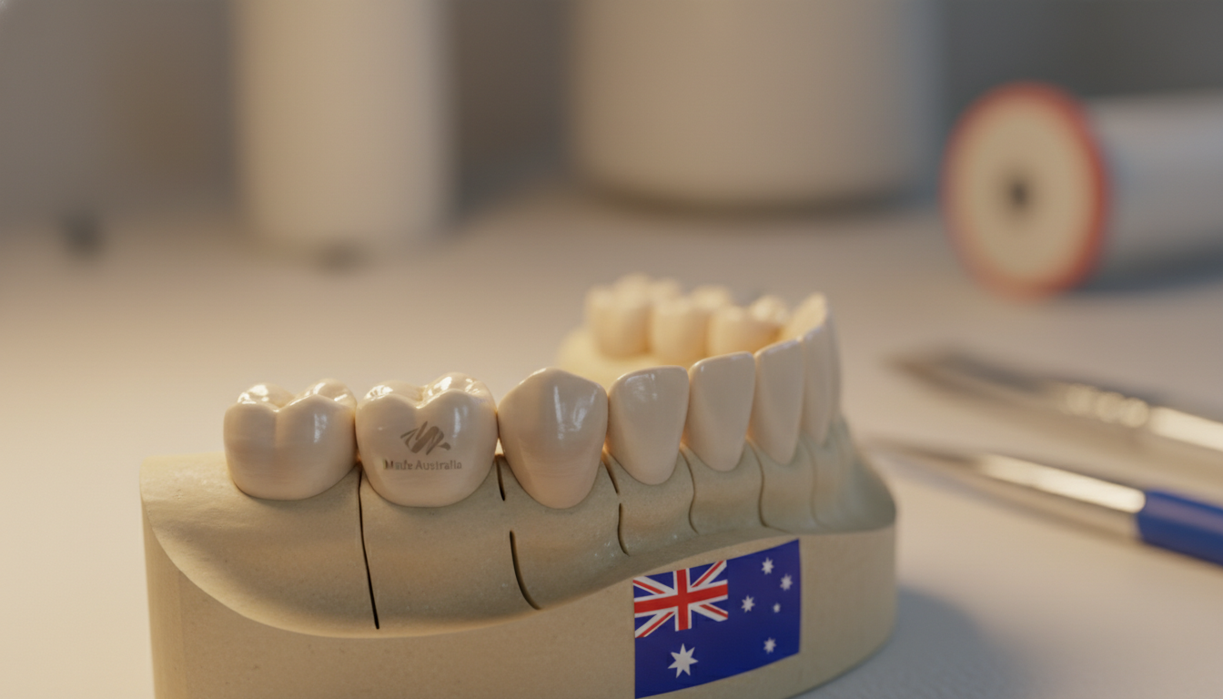A high-quality, close-up photograph of a realistic dental crown made of porcelain, placed on a dental model, showing natural texture and Australian-made craftsmanship, soft clinical lighting, warm professional atmosphere.