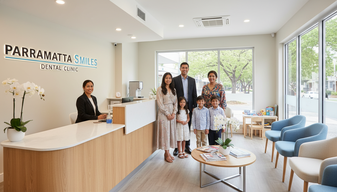 A high-quality photo of a friendly Parramatta dental clinic reception area with a diverse, smiling family representing different ages.