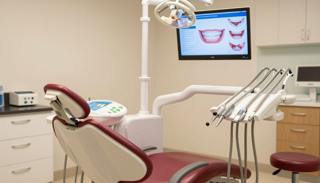 A high-quality photo of a modern, sunlit dental surgery in Parramatta, featuring a comfortable dental chair and a digital screen displaying oral health education, creating a warm and reassuring atmosphere.