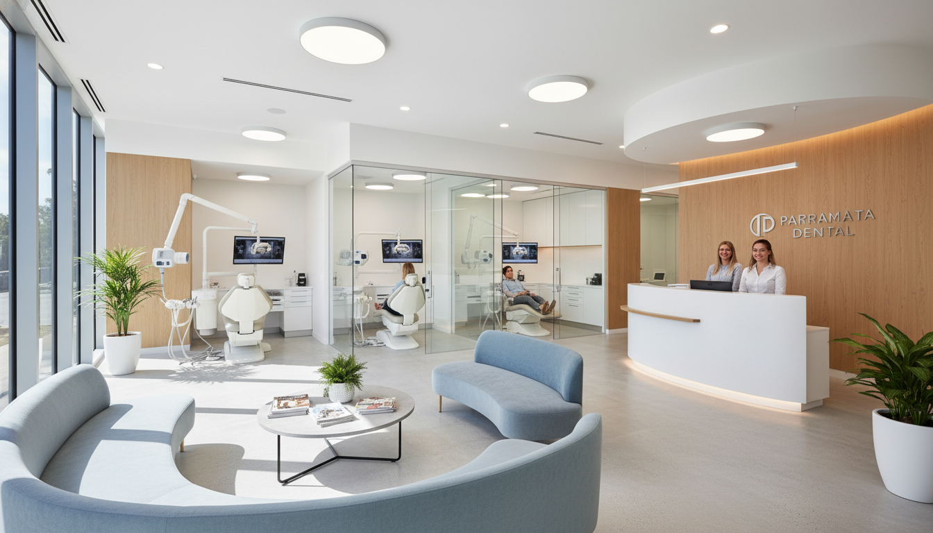 A high-quality photo of a modern, welcoming dental clinic interior in Parramatta, featuring comfortable chairs and advanced dental technology in a bright, clean room.