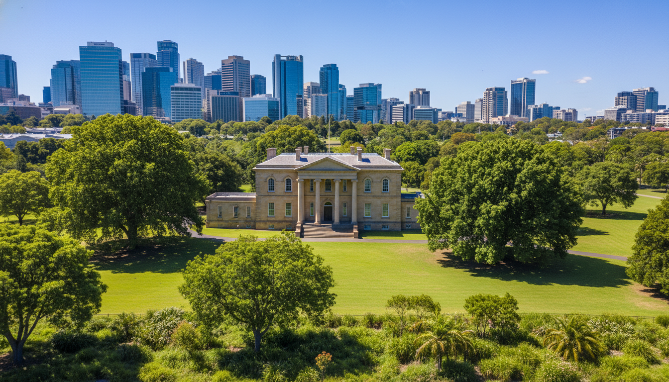 A high-quality photo of the historic Old Government House in Parramatta, surrounded by lush green parkland and modern city buildings under a clear blue sky.