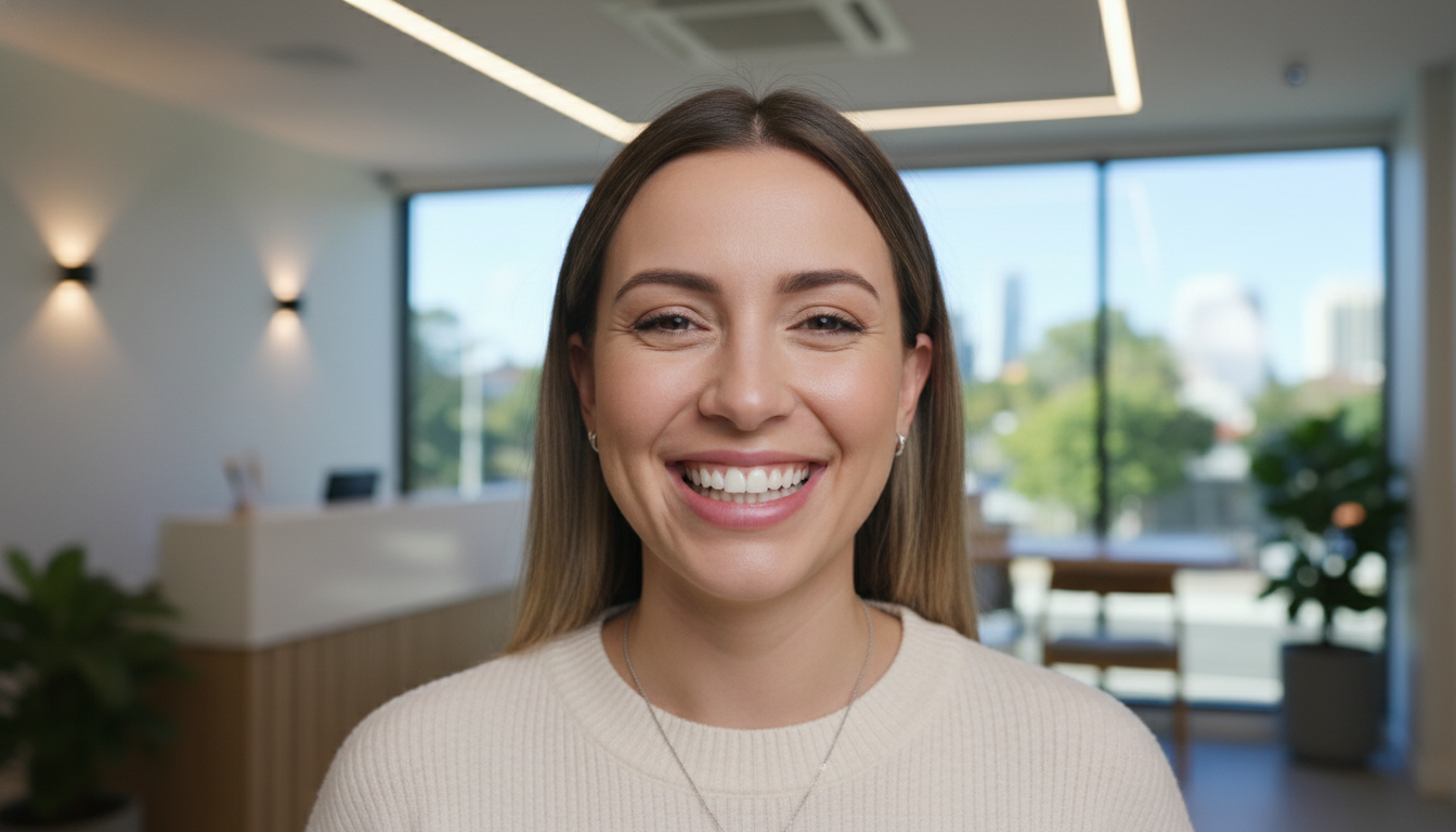 A high-quality, photorealistic close-up of a patient's bright and natural-looking smile following a porcelain veneers treatment, set in a modern and warm dental clinic in Parramatta NSW, soft professional lighting.