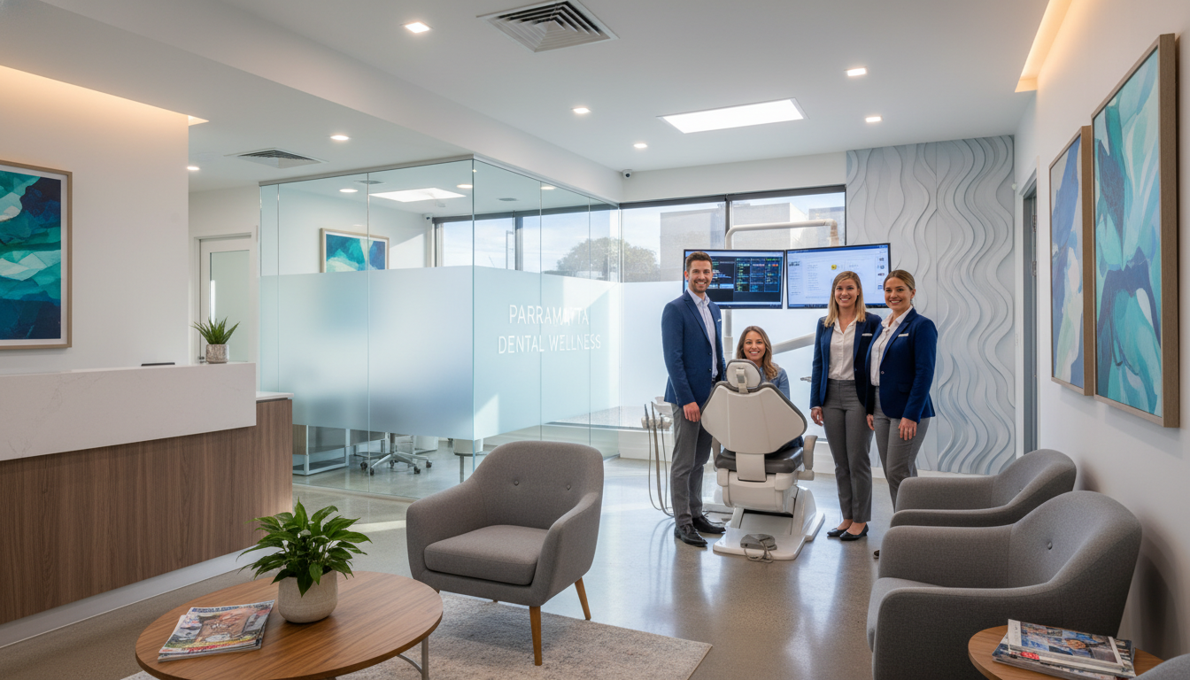 A high-quality, photorealistic image of a modern and welcoming dental clinic interior in Parramatta, featuring warm lighting, comfortable dental chairs, and a friendly dental team smiling at a patient, Australian medical setting.