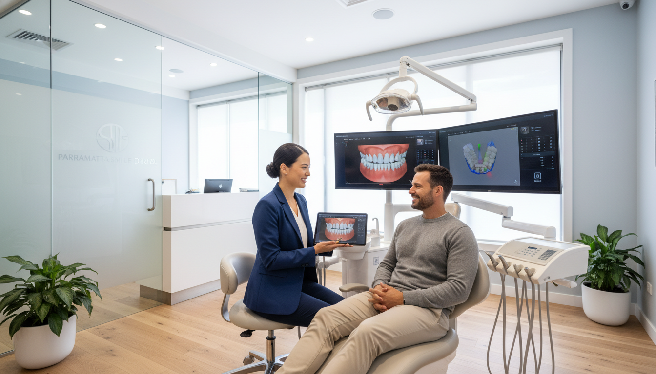A high-quality, photorealistic image of a modern, welcoming dental clinic in Parramatta, NSW. A friendly dentist in a professional uniform is smiling while showing a digital 3D scan of a smile to a relaxed patient. The environment is bright, clean, and features advanced dental technology with a warm, comforting atmosphere.