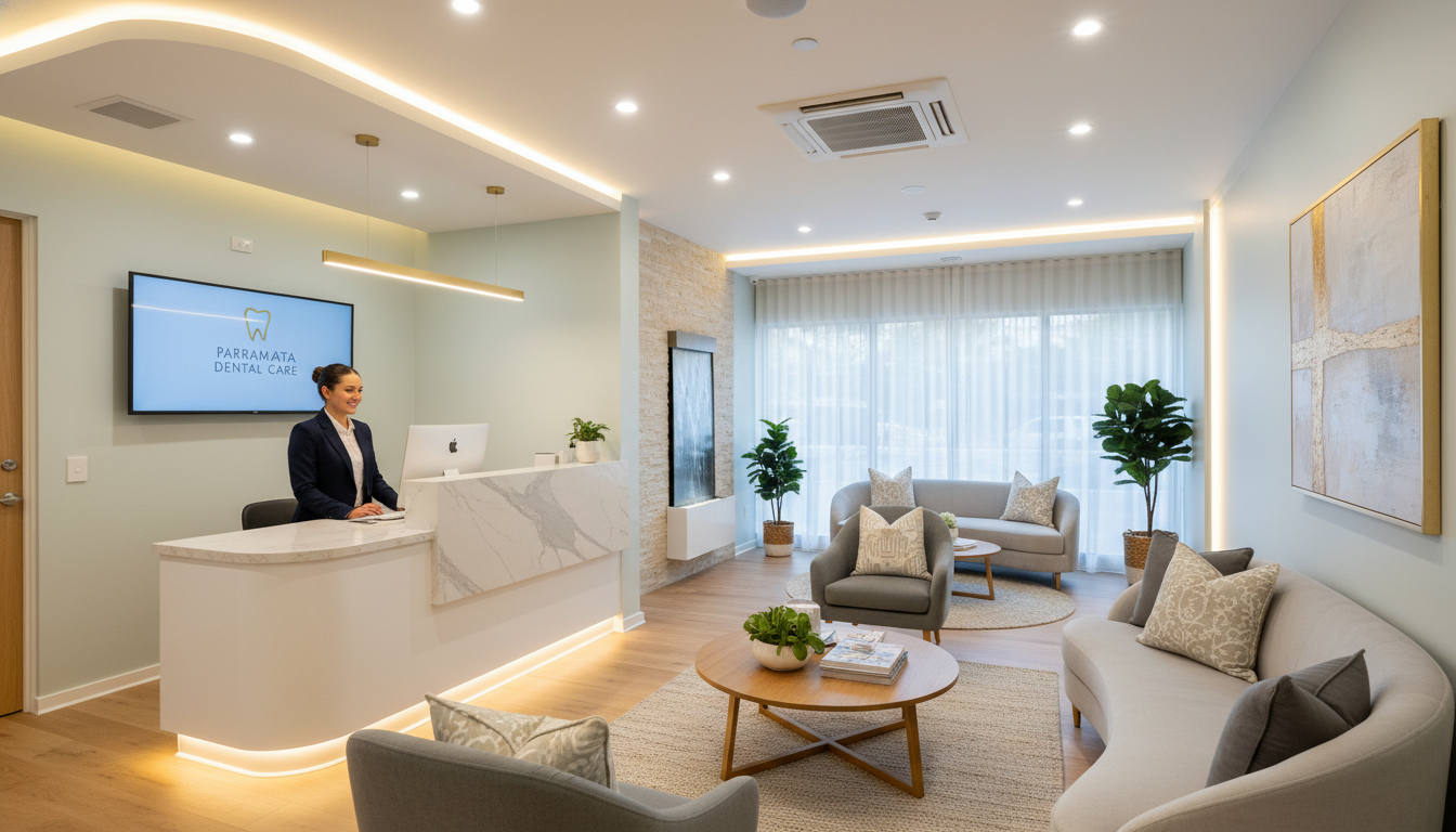 A high-quality, photorealistic image of a welcoming dental reception area in Parramatta, featuring warm lighting, comfortable seating, and a friendly atmosphere that reduces anxiety.