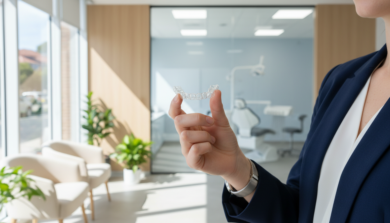 A high-quality, professional photo of a clear Invisalign aligner being held by a hand in a modern, bright dental clinic in Parramatta, soft lighting, warm and inviting atmosphere.