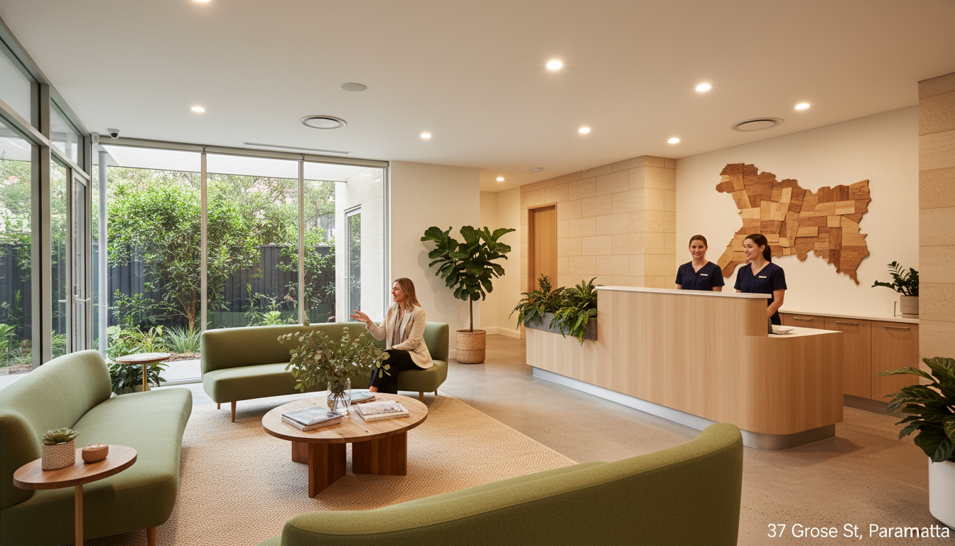A high-quality, professional photograph of a modern and welcoming dental clinic reception at 37 Grose St, Parramatta, featuring warm lighting, comfortable seating, and a friendly atmosphere, Australian interior design style.
