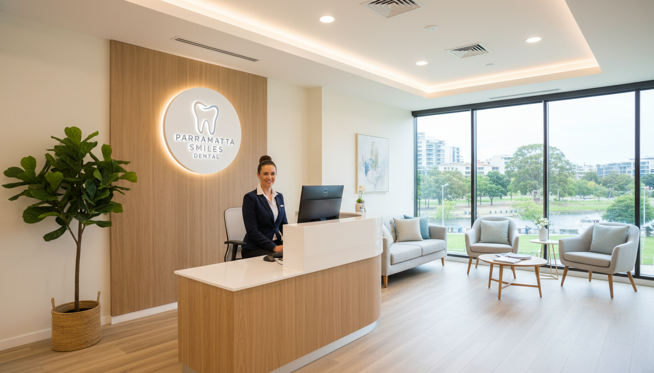 A high-quality, professional photograph of a modern and welcoming dental reception area in Parramatta, featuring a friendly receptionist and a warm, bright interior background, 8k resolution, photorealistic style.