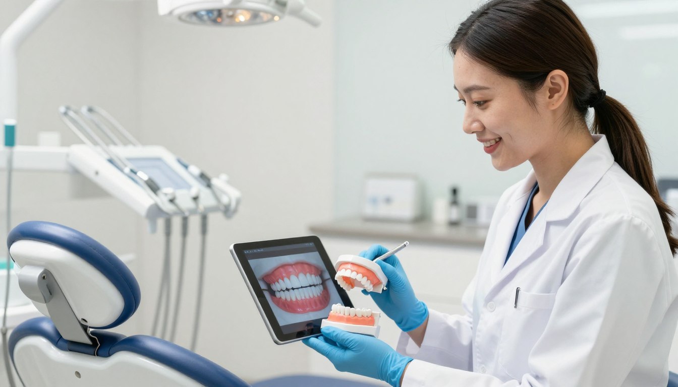 A high-quality, professional photograph of a modern dental clinic in Parramatta, Australia. A friendly dentist is showing a patient a digital 3D model of their new smile on a tablet. The atmosphere is warm, bright, and reassuring with soft natural lighting.