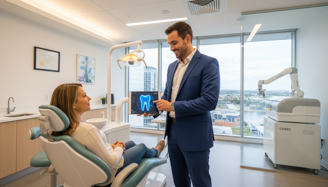 A high-quality, professional photograph of a modern dental clinic in Parramatta. A friendly dentist is showing a patient a digital 3D model of a tooth on a tablet, with a CEREC machine visible in the background. The patient looks relaxed and comfortable.