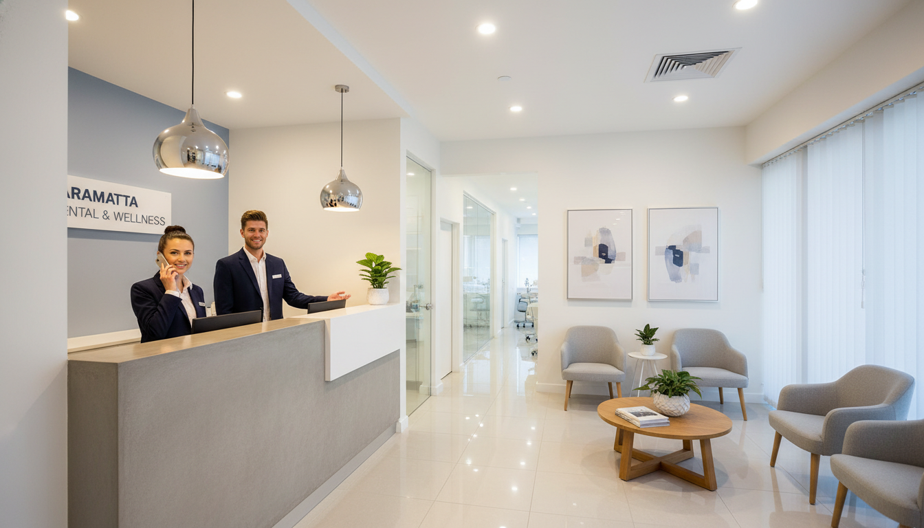 A high-quality, professional photograph of a modern dental clinic interior in Parramatta, NSW, showing a friendly reception area with warm lighting and a clean, clinical yet inviting atmosphere.