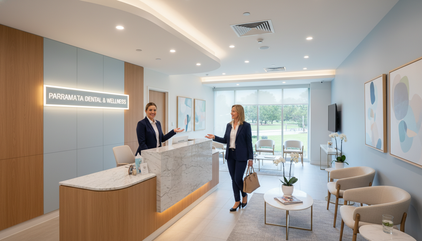 A high-quality, professional photograph of a modern dental clinic reception desk in Parramatta, featuring a friendly receptionist smiling and welcoming a patient into a bright, warm, and anxiety-free environment.