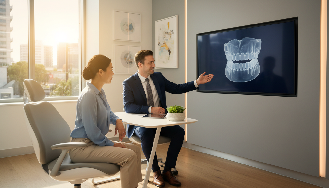 A high-quality, professional photograph of a modern dental consultation room in Parramatta, featuring a friendly dentist and a patient discussing a 3D digital jaw model on a screen in a warm, sunlit environment.