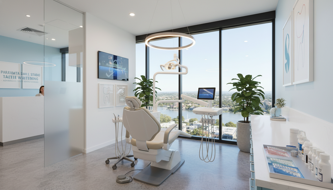A high-quality, realistic photo of a bright, modern dental clinic in Parramatta, Australia, showing a professional teeth whitening setup with advanced equipment and a comfortable chair, soft warm lighting, professional and inviting atmosphere.