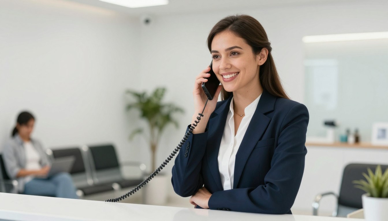 A high-quality, realistic photo of a friendly dental receptionist in a modern Parramatta clinic, smiling while speaking on the phone, with a clean and welcoming patient waiting area in the background.