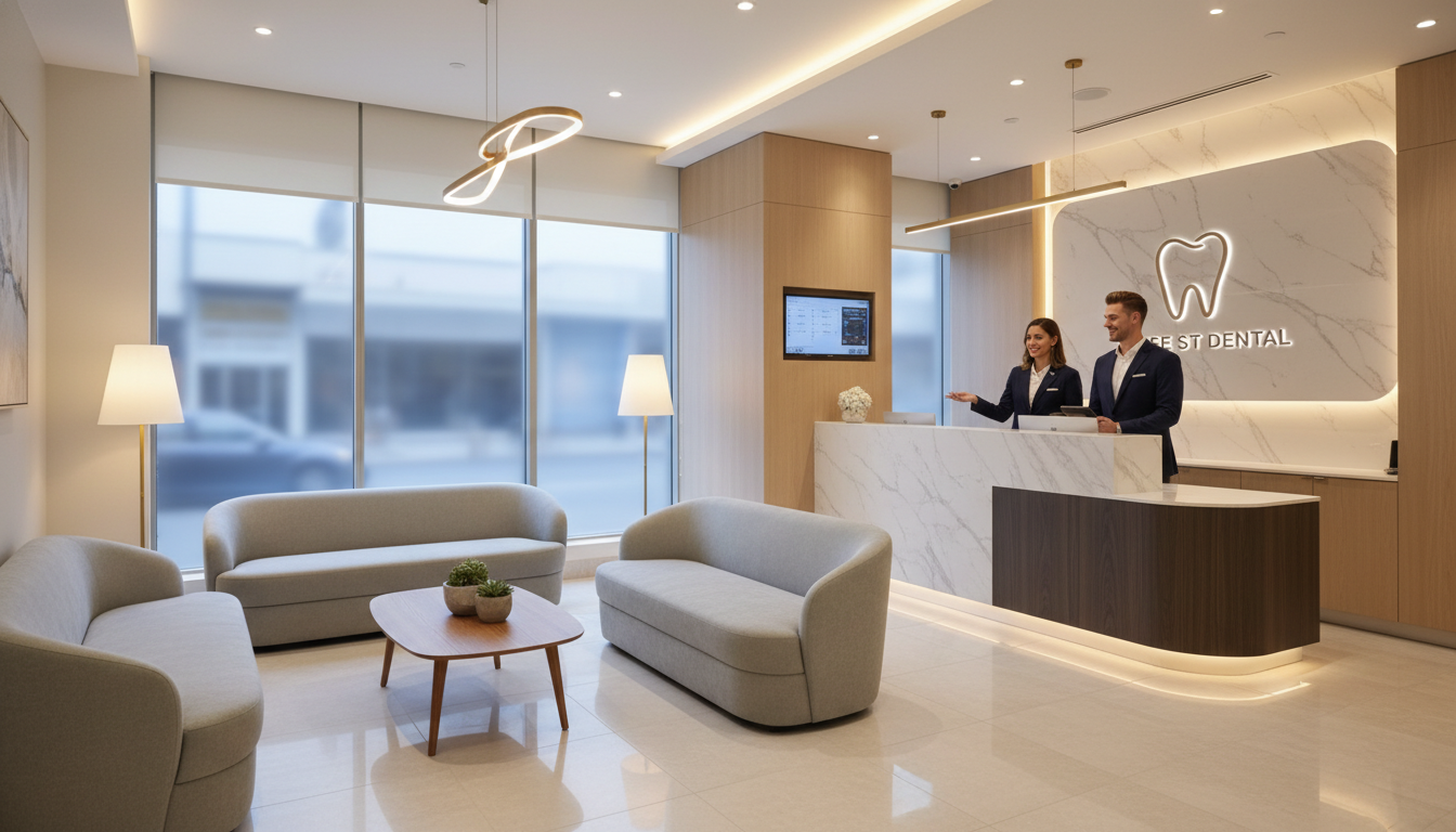 A high-quality, realistic photo of a modern and welcoming dental clinic interior located at 37 Grose St, Parramatta, featuring soft lighting, comfortable patient lounge chairs, and friendly staff in professional attire, creating a warm and reassuring atmosphere.