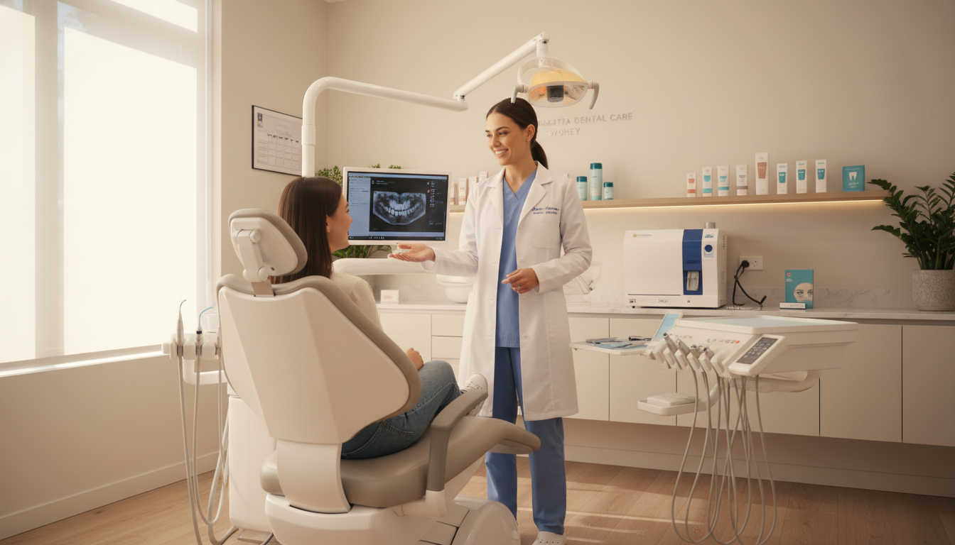 A high-quality, realistic photo of a modern, warm dental clinic interior in Parramatta, Sydney, featuring a friendly dental professional in a white coat talking reassurringly to a patient about teeth whitening options, soft natural light, professional dental equipment in the background.