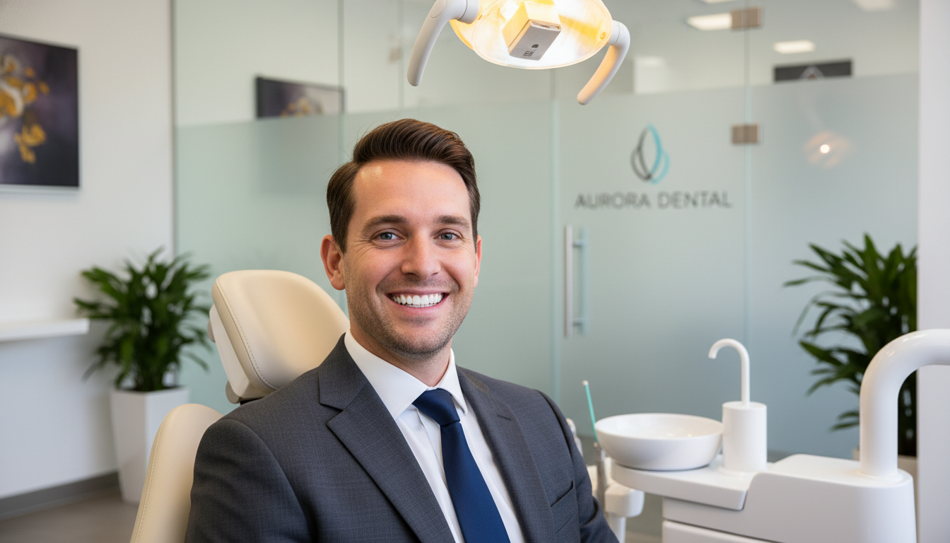 A high-quality, realistic photograph of a smiling Australian patient showing off bright, natural-looking porcelain veneers in a modern dental clinic setting with warm, soft lighting.