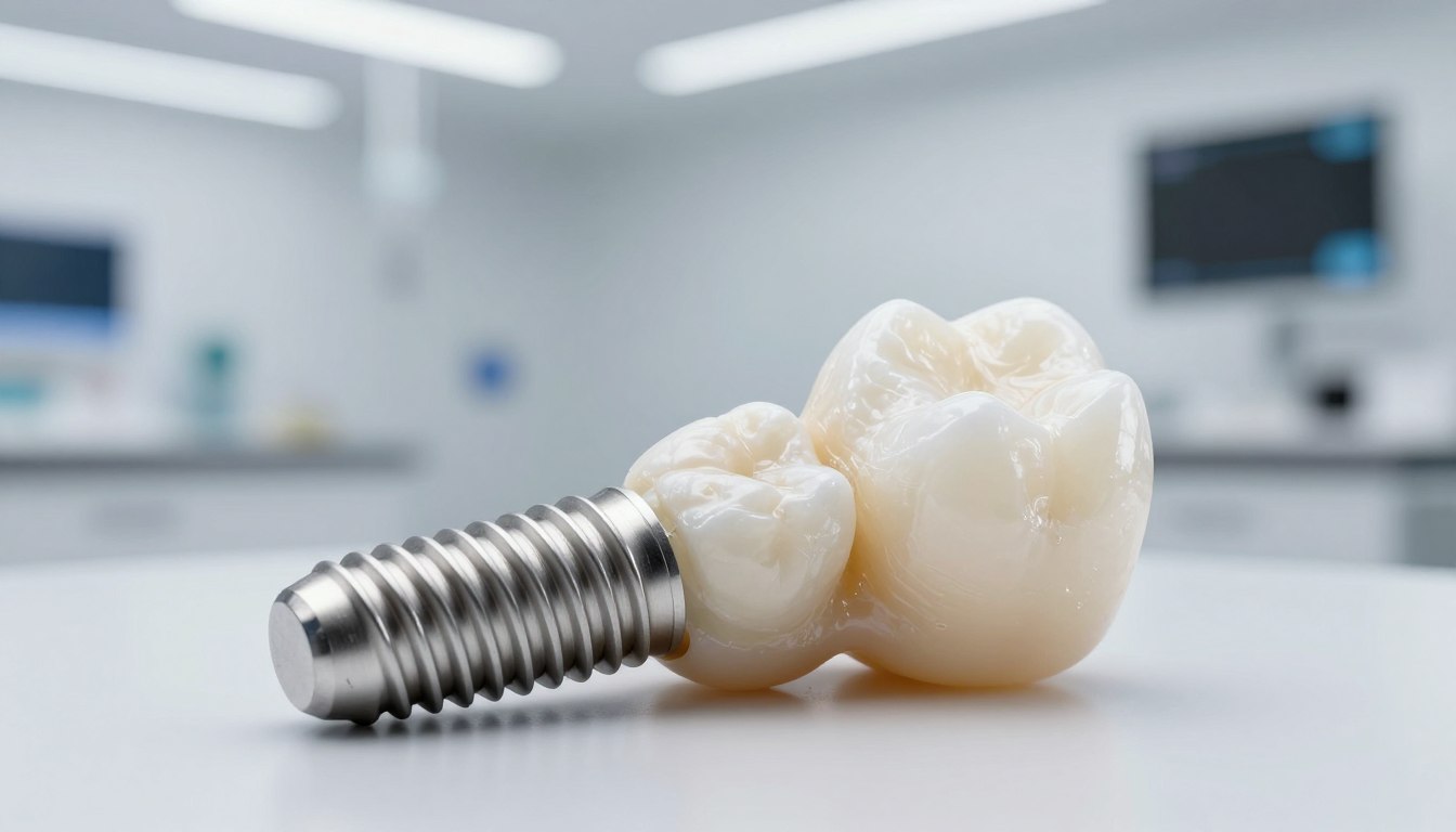 A high-quality, ultra-realistic close-up of a titanium dental implant with a natural-looking porcelain crown, shown in a clean and modern clinical setting with soft, reassuring lighting.