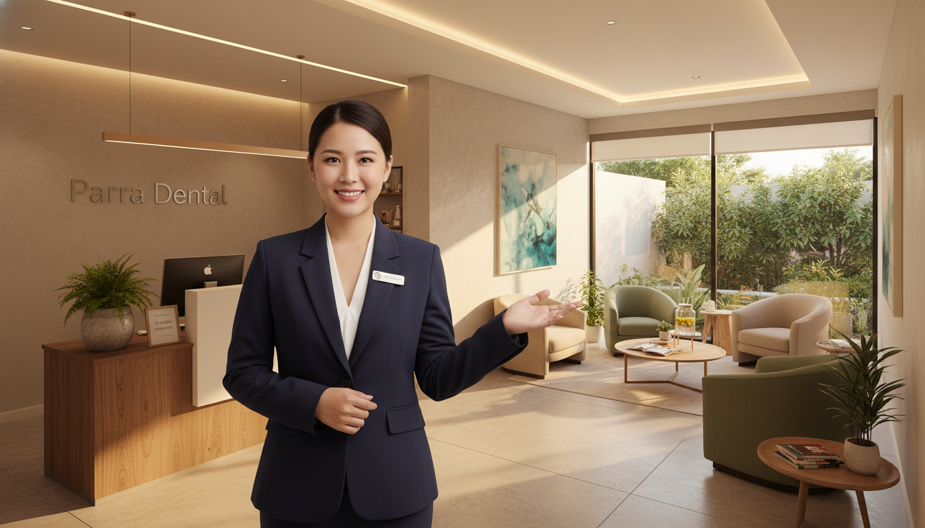 A high-quality, warm, and inviting photograph of a modern dental reception area in Parramatta, featuring a friendly receptionist and a comfortable waiting lounge to reassure nervous patients.