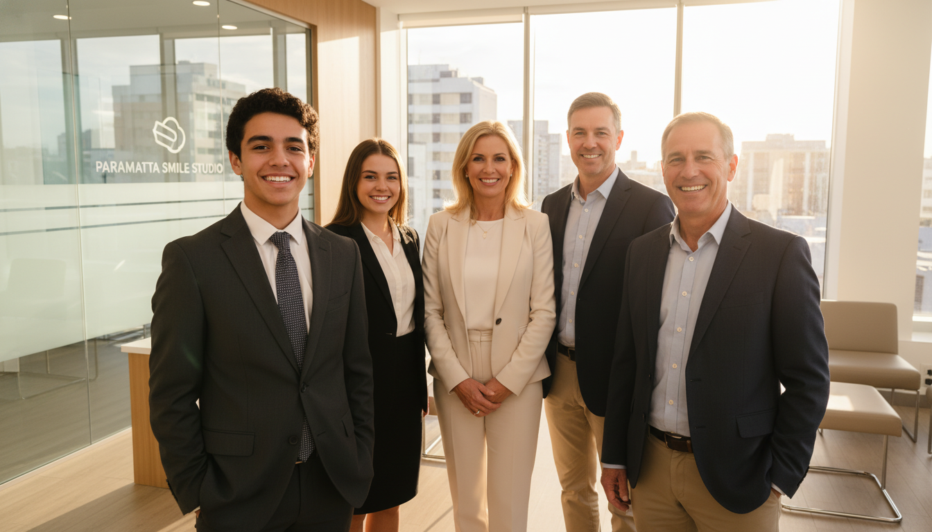 A high-quality, warm photograph of a diverse group of patients, including a teenager and a professional adult, smiling broadly to show perfectly aligned teeth inside a sunlit, modern dental clinic in Parramatta.