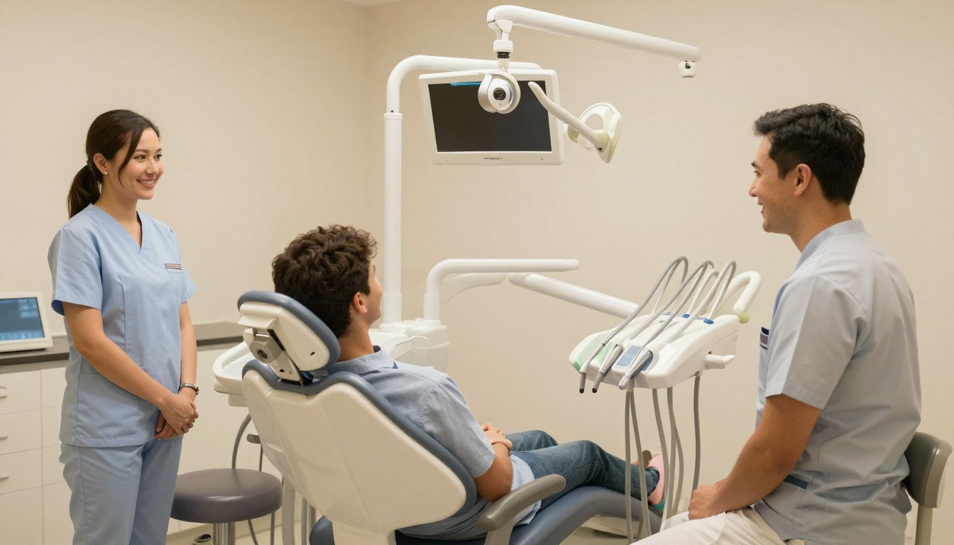 A high-quality, warm-toned photograph of a modern dental clinic interior in Parramatta, featuring a comfortable dental chair and advanced technology, suggesting a calm and professional environment.
