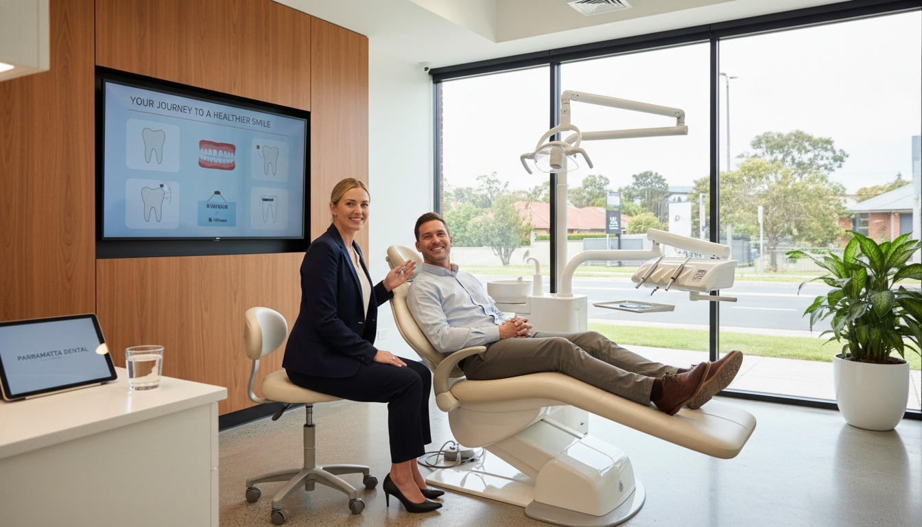 A high-quality, welcoming photo of a modern dental clinic in Parramatta showing a professional dentist discussing a treatment plan with a relaxed patient in a bright, comfortable treatment room.