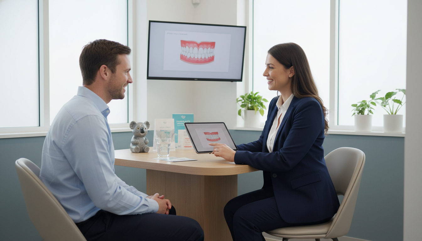 A high-quality, welcoming photo of a modern dental consultation room in Parramatta, featuring a friendly dentist talking warmly to a patient while looking at a digital tablet together, soft natural lighting, Australian clinic setting.