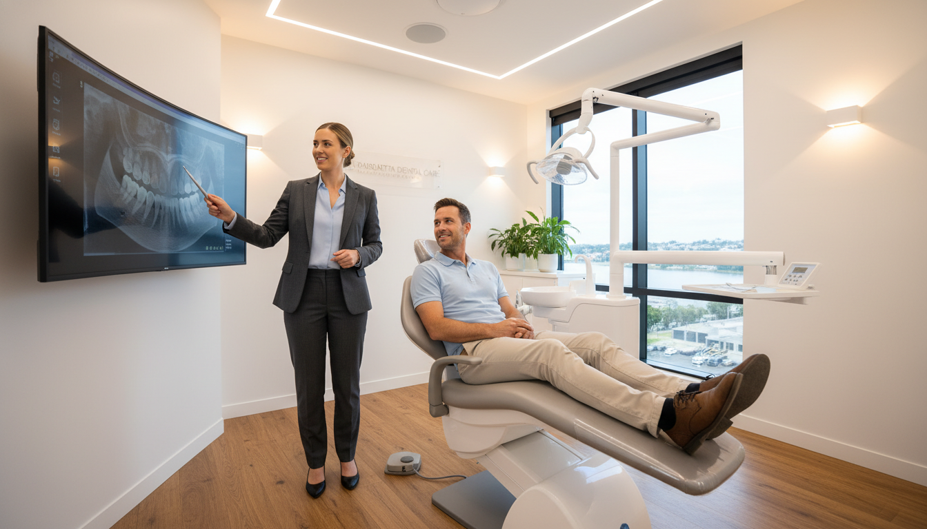 A high-resolution, realistic image of a modern dental clinic in Parramatta, Australia. The scene shows a clean, bright surgery room with a 3D digital imaging screen displaying a jaw scan, a comfortable ergonomic patient chair, and soft warm lighting to create a reassuring atmosphere.
