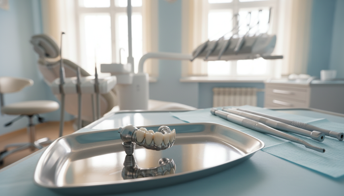A highly detailed dental implant showcased prominently in the foreground, gleaming with a polished metallic finish and intricate ceramic components. The implant is positioned on a smooth, reflective dental tray, capturing the light beautifully. In the middle ground, a professional dental setup is visible with high-tech equipment and tools arranged neatly. The background features a softly blurred dental office environment with calming colors, including light blues and whites, suggesting hygiene and comfort. Warm, natural lighting enhances the overall mood, creating a welcoming atmosphere. The perspective should be slightly above eye level, focusing on the implant while allowing the dental equipment and office setting to enhance the narrative, without any text or distractions.