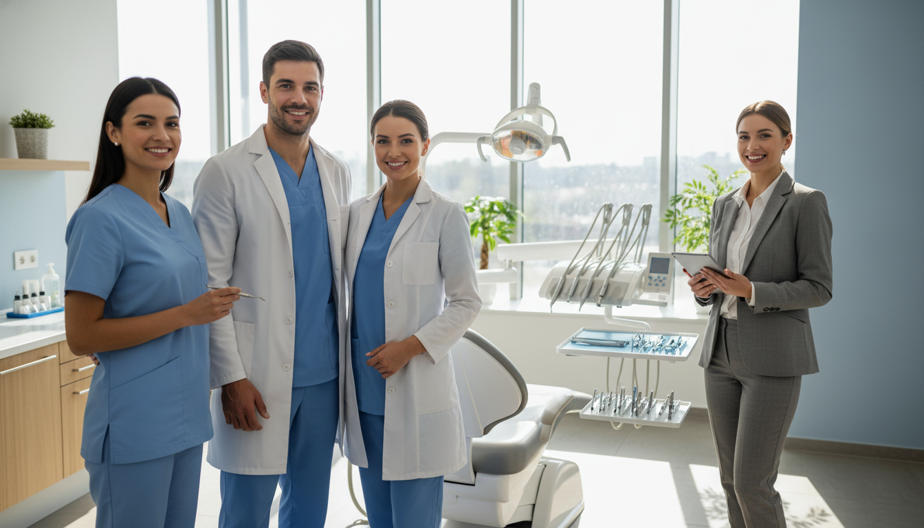 A highly qualified dental team in a modern dental clinic setting, featuring five diverse professionals: two dentists (one male, one female) in white lab coats, a dental hygienist in scrubs, and an administrative assistant in professional attire. They are smiling and welcoming, positioned in the foreground, with dental equipment subtly showcased behind them. The middle-ground includes a dental chair and bright, sterile instruments arranged neatly on a counter. The background features large, bright windows allowing natural light to flood the room, creating a warm and inviting atmosphere. The image is captured from a slightly angled perspective to emphasize teamwork and camaraderie, with soft, diffused lighting to evoke a sense of trust and care in the environment. The overall mood is professional yet approachable, reflecting a dedication to quality service and gentle care in dentistry.