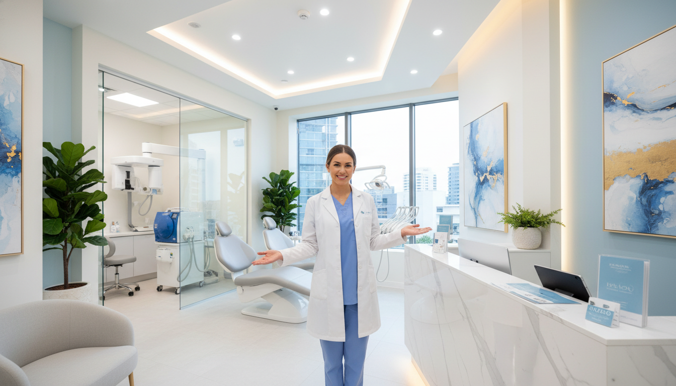 A modern cosmetic dentist office interior in Parramatta, featuring a sleek reception area with elegant dental chairs, a calming color scheme of soft blues and whites, and ambient lighting. In the foreground, a friendly dental hygienist in professional attire smiles and welcomes patients. The middle showcases a contemporary reception desk adorned with promotional brochures, while stylish decor, including plants and artwork, adds warmth to the space. In the background, a clinical area with high-end dental equipment is visible, reflecting cleanliness and sophistication. The atmosphere is inviting and professional, capturing the essence of a state-of-the-art cosmetic dentistry practice. The lighting is bright but soft, creating a soothing ambiance suitable for a dental environment.