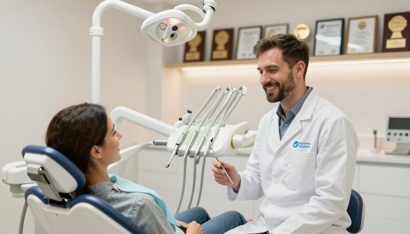 A modern dental clinic in Parramatta, featuring a friendly, professional dentist in a crisp white coat, interacting with a patient in a bright, inviting treatment room. The foreground shows the dentist with a warm smile, holding dental tools, while the patient, in a casual yet neat outfit, sits comfortably in the dental chair. In the middle, a sleek, state-of-the-art dental setup with soft lighting creates a soothing atmosphere. The background reveals a wall adorned with awards and certifications, emphasizing the clinic’s reputation for excellence. The logo “My Smile Doctors” subtly displayed on the dental equipment. The overall mood is calm and reassuring, showcasing award-winning dental care in a welcoming environment. Use a wide-angle lens to capture the space, ensuring warm, natural lighting.