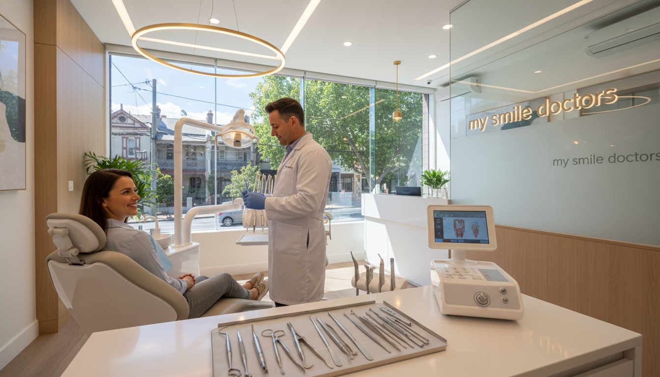 A modern dental clinic interior in Sydney, featuring a comfortable and inviting atmosphere. In the foreground, a smiling patient sits in a stylish dental chair, wearing professional attire, with an empathetic dentist in a white coat, preparing for a dental implant procedure. In the middle, high-quality dental tools and an advanced dental implant system are displayed elegantly on a nearby counter. The background showcases a bright, clean environment with soft, warm lighting that creates a relaxing mood, and large windows revealing a sunny Sydney street outside. The clinic has tasteful decor reflecting a professional yet approachable vibe, with the brand name "my smile doctors" subtly integrated into the environment. The angle is slightly elevated, capturing both the patient’s comfort and the expertise of the dental team.