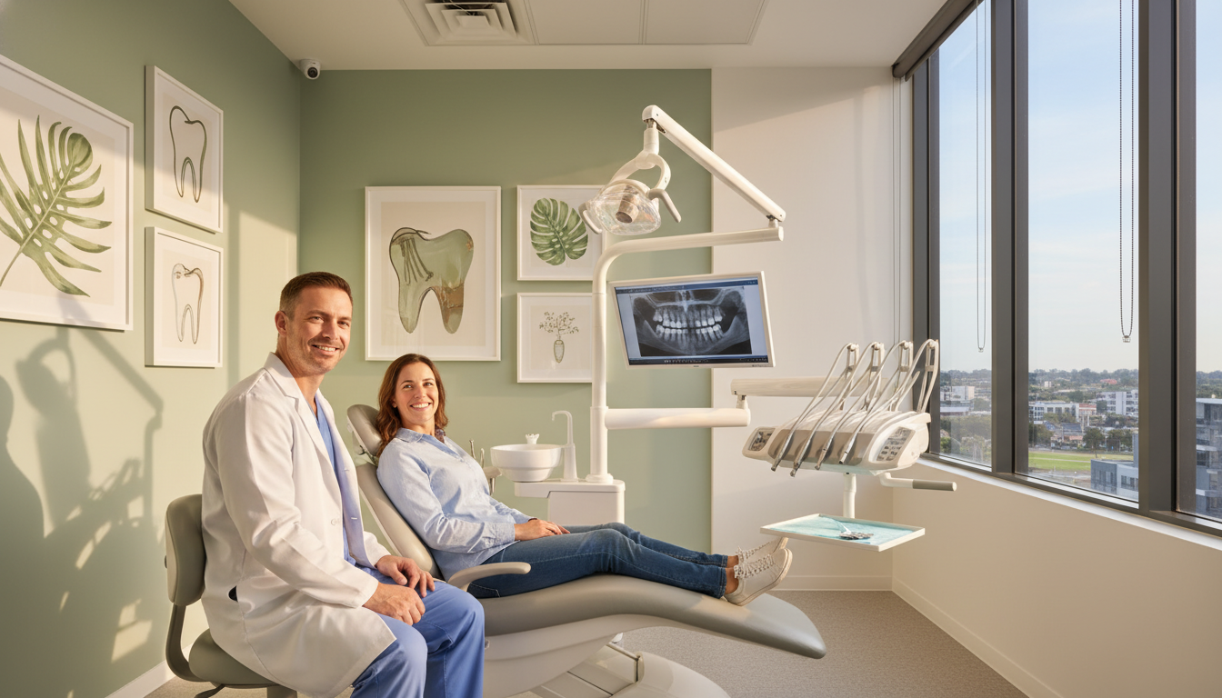 A modern dental clinic interior set in Parramatta, showcasing a warm and inviting atmosphere. In the foreground, a friendly dentist in professional attire is engaging with a patient, both smiling and relaxed, conveying a sense of compassionate care. The middle features a state-of-the-art dental chair surrounded by high-tech dental equipment, with soft natural light streaming through large windows. The walls are adorned with calming colors and framed dental art, enhancing the soothing ambiance. In the background, subtle hints of Parramatta's urban landscape can be seen through the windows, creating a connection to the local community. The image is captured from a slightly angled perspective to add depth, highlighting the inviting nature of the clinic. Overall, the scene evokes feelings of trust, comfort, and professional dental care.