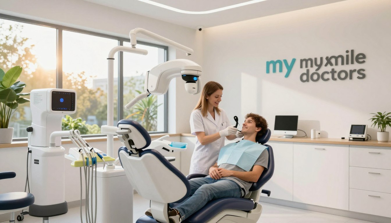 A modern dental clinic interior showcasing "Innovative Dental Care Solutions." In the foreground, a sleek dental chair in a bright, open room filled with high-tech dental equipment, like a 3D scanner and digital X-ray machine. In the middle, a friendly dentist in professional attire interacting with a patient, demonstrating the latest cosmetic dentistry technology. The background features large windows with natural sunlight streaming in, plants adding a touch of warmth, and a minimalist design that conveys cleanliness and professionalism. Soft, ambient lighting enhances a calm atmosphere. The brand "my smile doctors" is subtly incorporated in a futuristic way, blending with the overall aesthetic without being obtrusive. The scene evokes trust and innovation, illustrating the future of dental care.