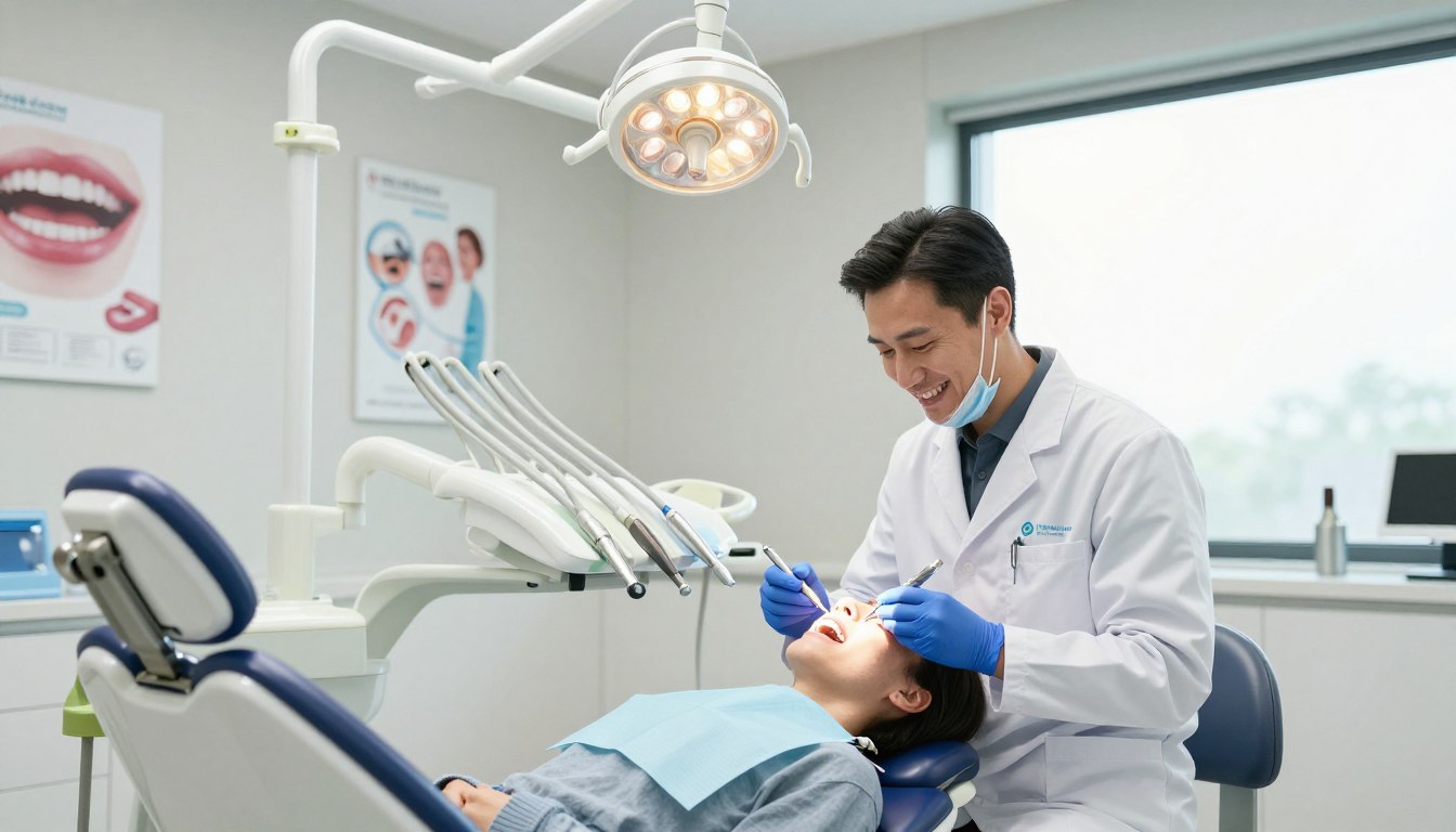 A modern dental clinic interior, showcasing a comprehensive dental check-up in progress. In the foreground, a professional dentist in a white coat, smiling and approachable, examines a patient's teeth using advanced dental tools. The patient, dressed in smart casual attire, appears relaxed and reassured. In the middle, dental equipment is neatly organized, and a bright overhead light illuminates the scene, emphasizing cleanliness and professionalism. The background features sleek dental chairs, posters on oral health, and a large window allowing natural light to fill the room. The atmosphere is calm and inviting, reflecting a commitment to optimal oral health. Incorporate the brand name "my smile doctors" subtly in the design. Use a slight angle to capture the interaction, ensuring a warm and inviting feel to the image.