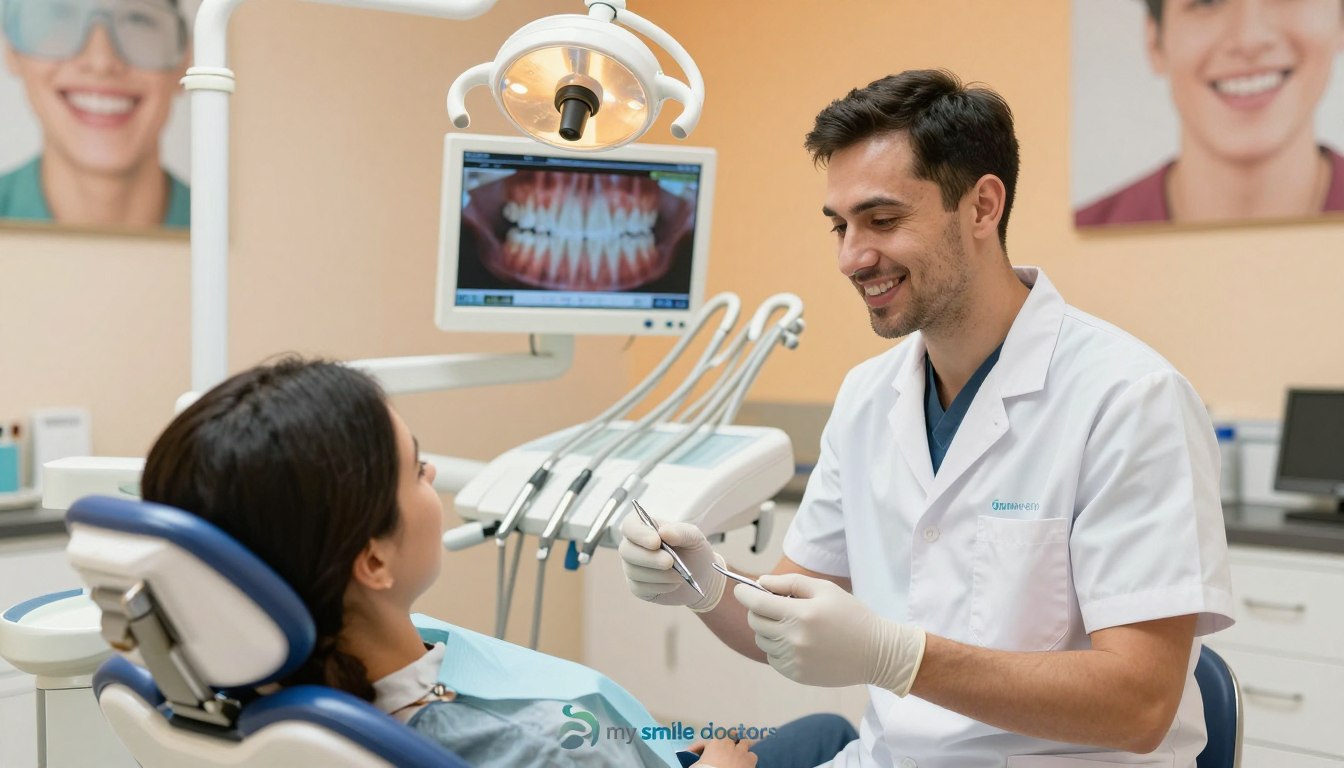 A modern dental clinic interior showcasing a friendly and inviting atmosphere for wisdom tooth removal. In the foreground, a dentist in professional attire, smiling and gently explaining the procedure to a patient seated in a comfortable dental chair. The dentist is holding dental tools, showcasing a caring approach. In the middle layer, dental equipment is neatly arranged, including a dental light and a monitor displaying a digital image of a tooth. The background features calming colors, with wall art depicting healthy smiles and dental hygiene. Soft, warm lighting illuminates the room, creating a reassuring and professional mood. At the bottom corner, include a subtle logo: "my smile doctors." The image should convey trust, care, and professionalism without any text overlays or distractions.