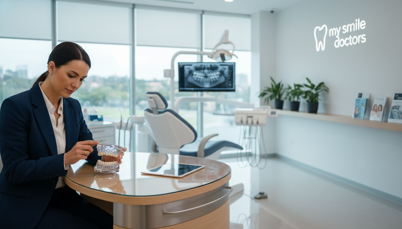 A modern dental clinic interior showcasing an emergency dental implant specialist in Sydney. In the foreground, a friendly dentist wearing professional attire, with a focused expression, examines a dental implant model seated at a sleek, modern dental workstation. The middle ground features a well-lit, clean dental office with state-of-the-art equipment, bright white walls, and large windows allowing natural light to illuminate the room, creating an inviting atmosphere. In the background, subtle decorations emphasize a calm and reassuring environment, such as plants and dental care brochures. The overall mood is professional and sterile, conveying trust and expertise. The branding "my smile doctors" is subtly integrated into the decor without being overt. The image is captured with a soft focus and balanced lighting to enhance a feeling of comfort and professionalism.