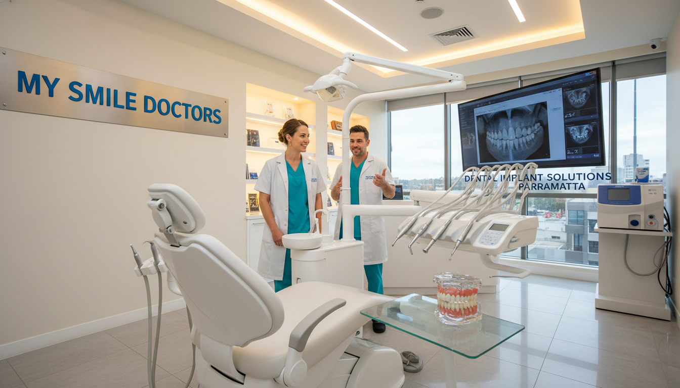 A modern dental clinic interior showcasing "my smile doctors," with a focus on dental implant solutions in Parramatta. In the foreground, a sleek dental chair equipped with high-tech tools and an implant model for demonstration. In the middle, a friendly dentist in professional attire discussing treatment options with a smiling patient, highlighting a sense of reassurance and care. The background features modern dental technology and soft, ambient lighting that creates a warm and inviting atmosphere. The scene is captured using a wide-angle lens, ensuring a clear view of the clinic's clean aesthetics and emphasizing the professionalism and comfort of dental care for tooth replacement.