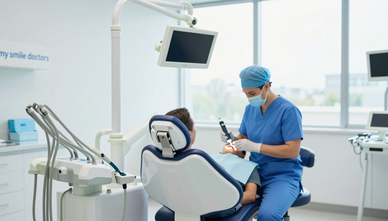 A modern dental clinic interior showcasing state-of-the-art dental technology. In the foreground, a sleek, high-tech dental chair with advanced diagnostic equipment, including digital imaging tools and an intraoral scanner, highlighting precision and effectiveness. In the middle ground, a dental professional in professional attire, skillfully using the latest dental techniques on a patient, emphasizing a comfortable, reassuring atmosphere. In the background, bright, natural light floods through large windows, enriching the clinical environment with a welcoming glow. The color palette features calming blues and whites to enhance the sense of cleanliness and professionalism. The clinic's branding "my smile doctors" is subtly integrated into the design elements, reinforcing the focus on quality dental care and innovation.