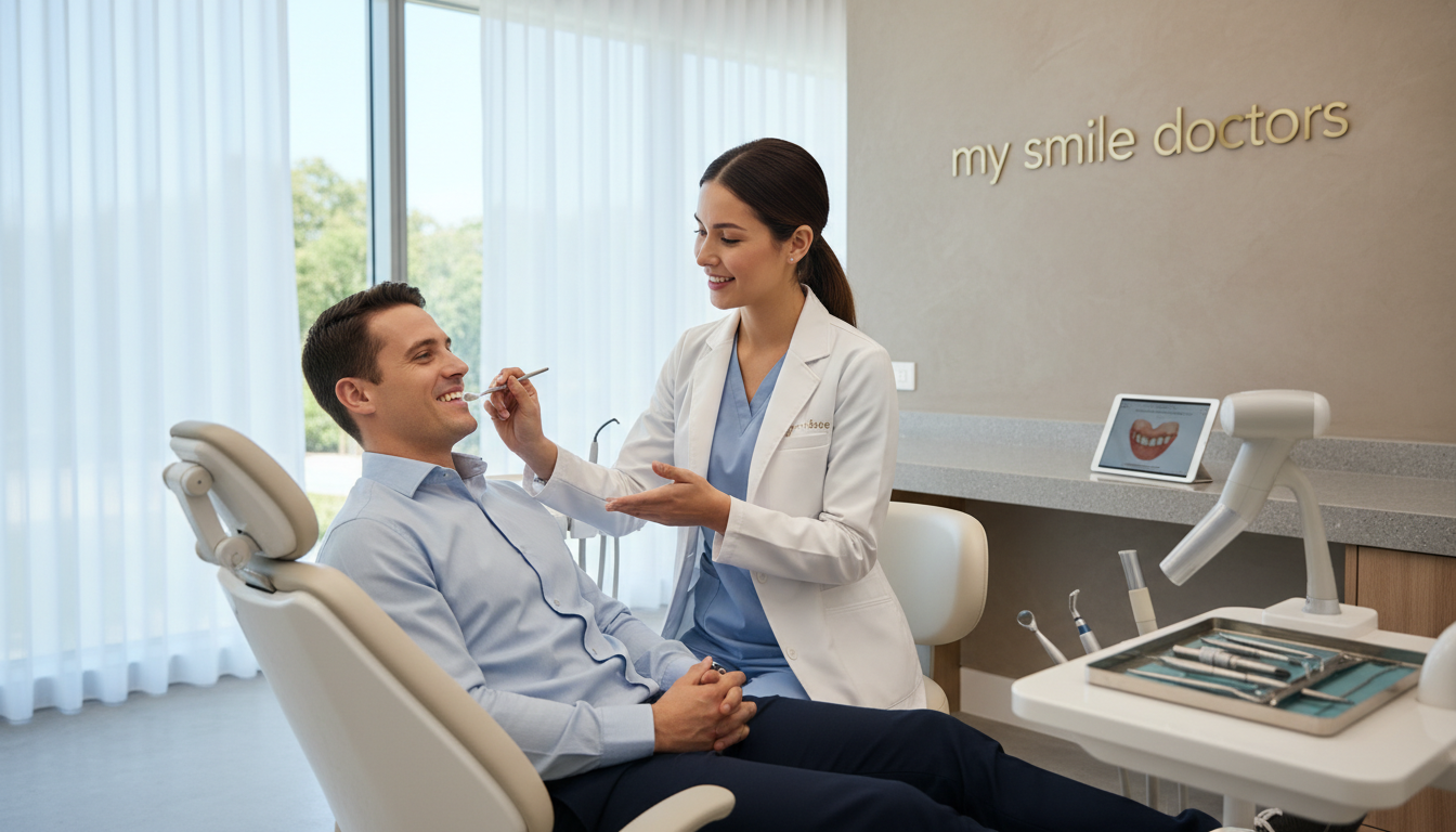 A modern dental clinic interior showcasing the best dental crown services. In the foreground, a skilled dentist in professional attire is carefully examining a patient’s mouth, demonstrating pleasant interaction and expertise. The patient, comfortably seated in a dental chair, displays a relaxed expression, highlighting trust and satisfaction. In the middle ground, a variety of dental tools and a high-tech 3D scanner are visible on a sleek countertop, indicating advanced technology. The background features large, bright windows allowing natural light to flood the space, creating a warm and inviting atmosphere. Soft, neutral colors dominate the décor, with the brand name "my smile doctors" subtly displayed on the wall. The overall mood conveys professionalism, comfort, and the quality of care that patients can expect.