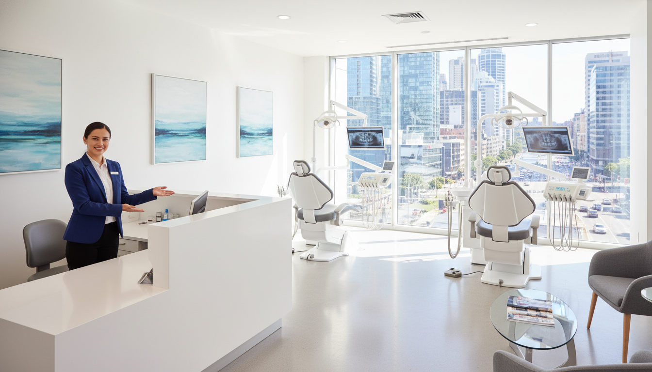 A modern dental clinic located in the heart of Parramatta, Sydney. The foreground features a sleek reception desk with a friendly staff member in professional attire, welcoming patients. In the middle, two dental chairs are visible with high-tech dental equipment, surrounded by bright, clean white walls decorated with calming artwork. Large windows allow natural light to flood the space, enhancing the clean and inviting atmosphere. In the background, the bustling city of Parramatta can be seen through the windows, providing a sense of location and convenience. The lighting is bright yet soft, creating a warm, professional environment. The overall mood is one of care and comfort, emphasizing a sense of trust and professionalism in dental care.