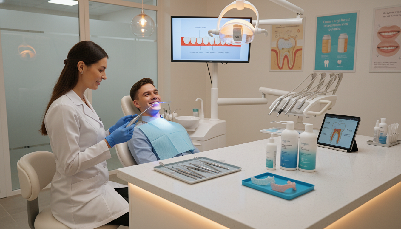 A modern dental clinic setting showcasing a teeth whitening treatment focused on addressing both extrinsic and intrinsic stains. In the foreground, a dental professional in a white coat attentively explains the process to a patient seated in a sleek dental chair, both depicted with friendly expressions. The middle ground features various dental tools and whitening products neatly arranged on a counter, illuminated by soft, warm lighting for a welcoming atmosphere. The background reveals a clean, well-organized treatment room with dental equipment and posters illustrating teeth health. The overall mood conveys professionalism and care, emphasizing the importance of effective teeth whitening options. The image is shot from a slightly elevated angle to capture the interaction and surrounding details effectively.