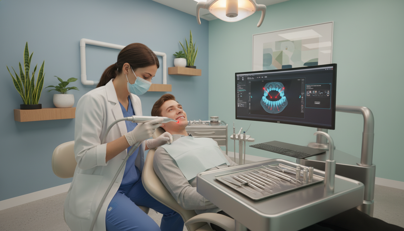 A modern dental clinic showcasing advanced dental techniques. In the foreground, a dentist, dressed in professional scrubs and a face mask, is using a state-of-the-art dental laser on a patient. The patient, reclining comfortably in a high-tech dental chair, appears relaxed, with soft lighting highlighting their gentle smile. In the middle ground, dental instruments and a computer monitor displaying a 3D model of teeth are visible, symbolizing precision and innovation. The background features calming colors, with minimalist decor and plants to create a soothing atmosphere. The overall mood is one of professionalism and serenity, reflecting a commitment to comfort and care in dental practices. The scene is brightly lit, with a focus on the clinical yet welcoming environment.
