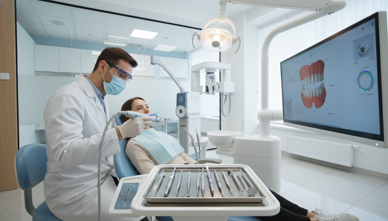 A modern dental clinic showcasing advanced techniques and cutting-edge technology. In the foreground, a dentist in a white coat, wearing protective glasses and a mask, gently using a digital scanner on a patient seated in a high-tech dental chair. The middle section features various dental instruments and a sleek digital display showing 3D images of teeth. In the background, advanced dental equipment, such as a laser treatment device and an X-ray imaging machine, is visible. The atmosphere is bright and clean, with soft lighting illuminating the space, creating a sense of comfort and professionalism. The angle is slightly elevated, capturing both the dentist and the technology in harmonious collaboration.
