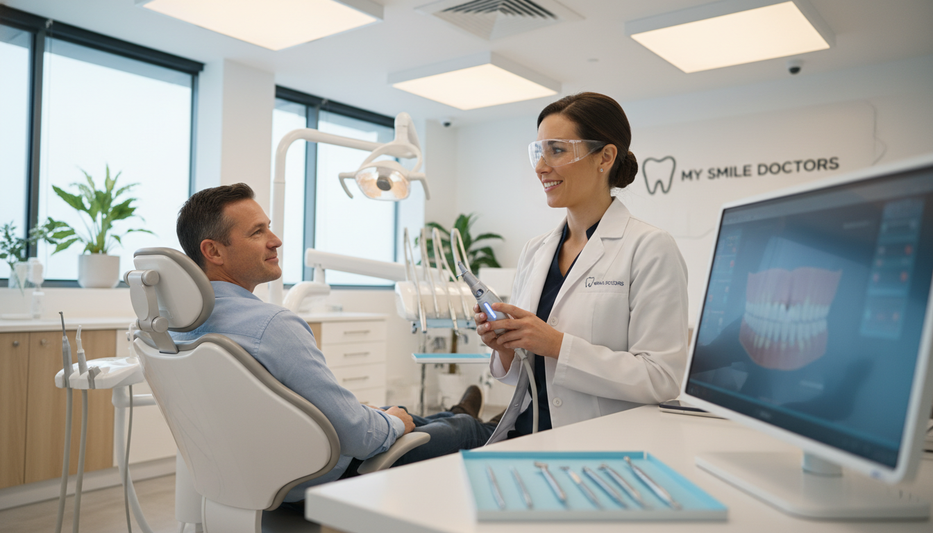 A modern dental implant clinic in Sydney featuring advanced technology and a clean, welcoming environment. In the foreground, a professional dentist wearing a white coat and safety glasses examines a high-tech dental implant device. The dentist is smiling and engaging with a patient, who appears comfortable and at ease. In the middle, dental tools and a digital screen displaying 3D implant simulations are visible, adding depth to the scene. The background showcases sleek dental chairs and bright, soothing lighting, creating a reassuring atmosphere. The overall mood is professional yet friendly, highlighting the painless and innovative approach of "my smile doctors" in dental implant procedures. Use a bright, natural light setting with a slightly shallow depth of field to focus on the main subjects while softening the background.