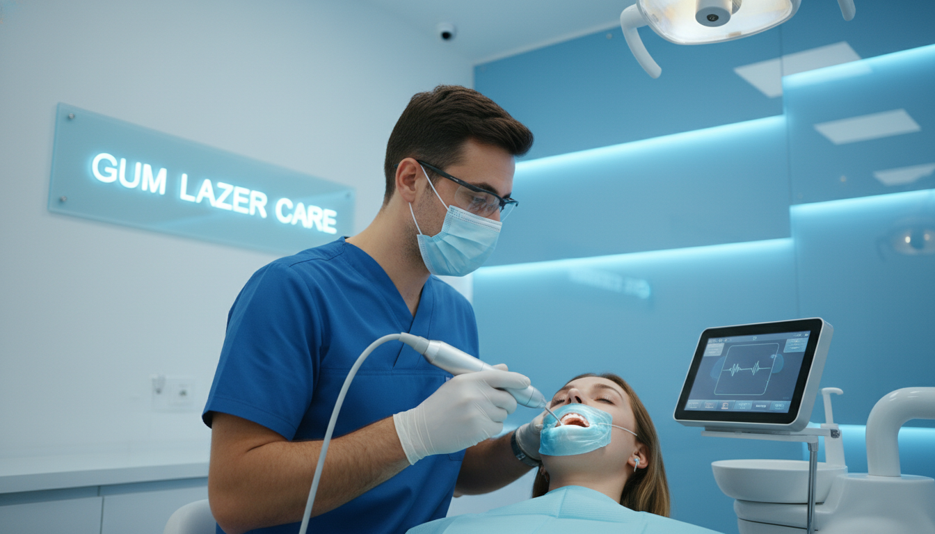 A modern dental laser device being used by a professional dentist in a sterile clinic, with soft blue lighting to represent high-tech, gentle gum care.