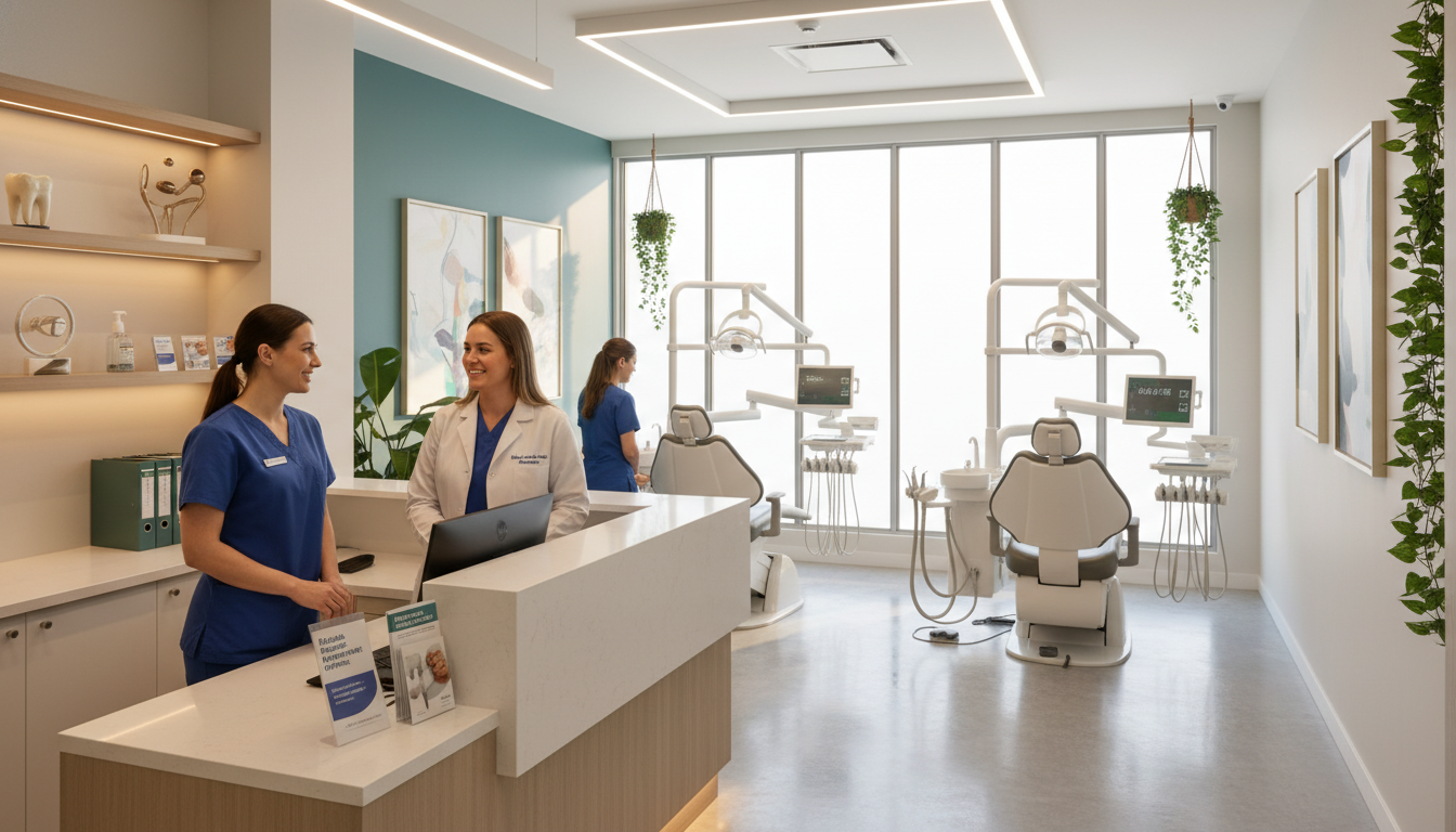 A modern dental office interior in Parramatta, showcasing a welcoming reception area with friendly staff members in professional attire. In the foreground, a cheerful dental receptionist is engaging with a patient at the front desk surrounded by dental brochures about flexible payment plans and health fund benefits. In the middle ground, display dental chairs and equipment along with a large window allowing natural light to pour in, illuminating the space and creating an inviting ambiance. The background features tasteful decor with calming colors and a hint of greenery for a relaxing atmosphere. Use warm lighting, captured from a slightly elevated angle to convey a sense of warmth and professionalism, emphasizing quality dental care and friendly service in a contemporary setting.