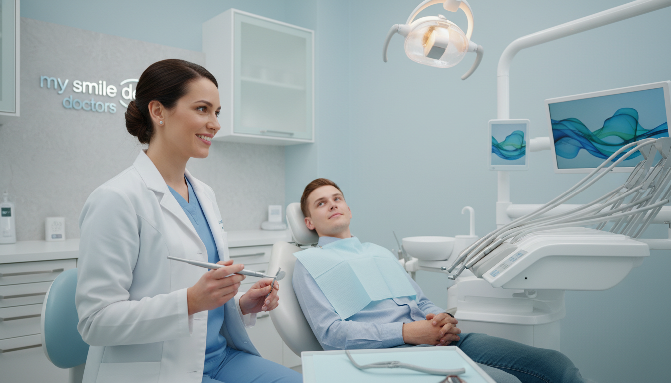 A modern dental surgery room in Parramatta, focused on a calming tooth extraction procedure. In the foreground, a smiling, professionally dressed dentist is gently holding a dental instrument, exuding a sense of trust and care. The middle ground features a patient, comfortably seated in a dental chair, looking relaxed, with soothing colors in the room – light blues and whites – to create an anxiety-free atmosphere. In the background, soft, indirect lighting illuminates dental equipment, including monitors displaying calming images. The shot is taken at a slightly elevated angle, giving a clear view of the environment. The branding "my smile doctors" is subtly integrated into the room’s decor, enhancing the professional setting without any overt logos. The mood is tranquil and reassuring, inviting trust in the dental process.